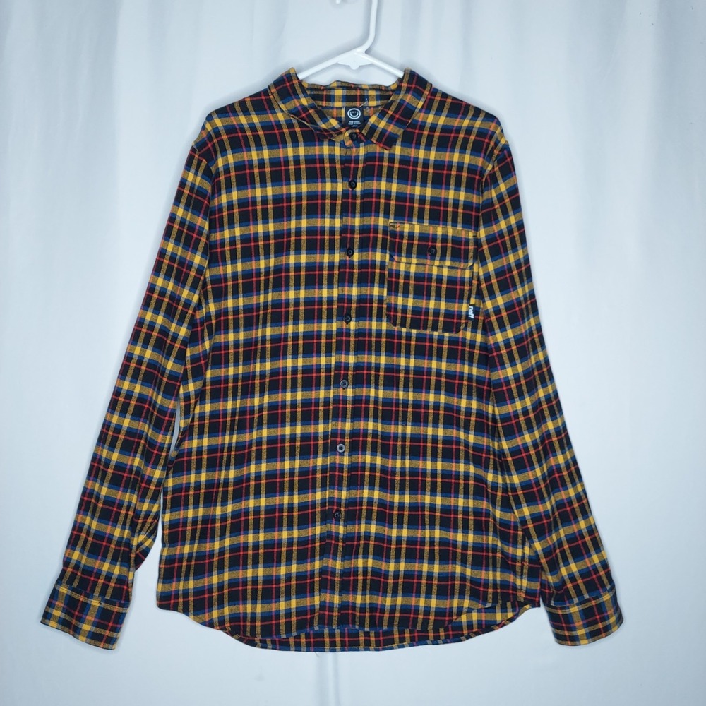 Neff Flannel Shirt Mens Large Black Mustard Plaid Multicolor Button Long Sleeve